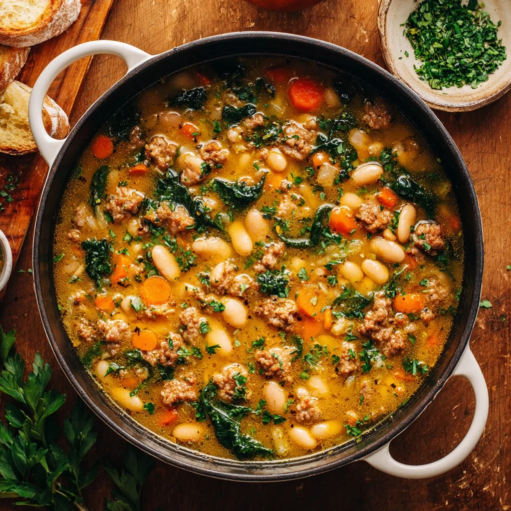 A bowl of Tuscan White Bean Soup garnished with herbs and olive oil.
