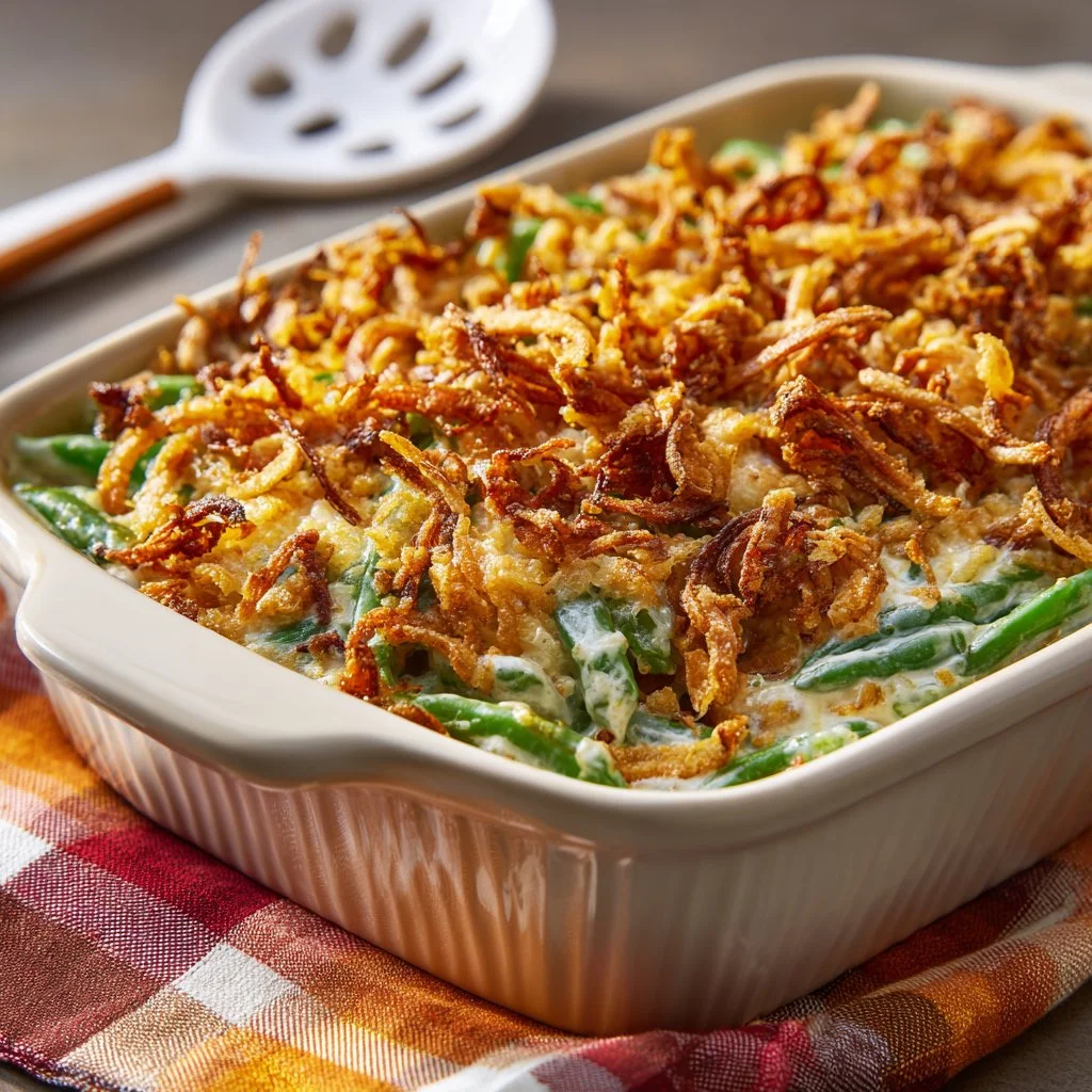 Ultimate green bean casserole dish ready to serve with crispy onion topping