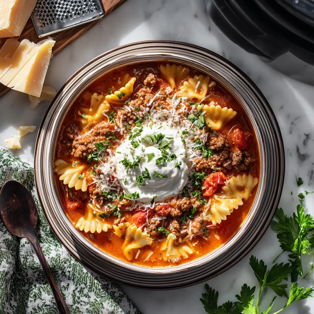 Slow cooker lasagna soup in a bowl topped with cheese and basil