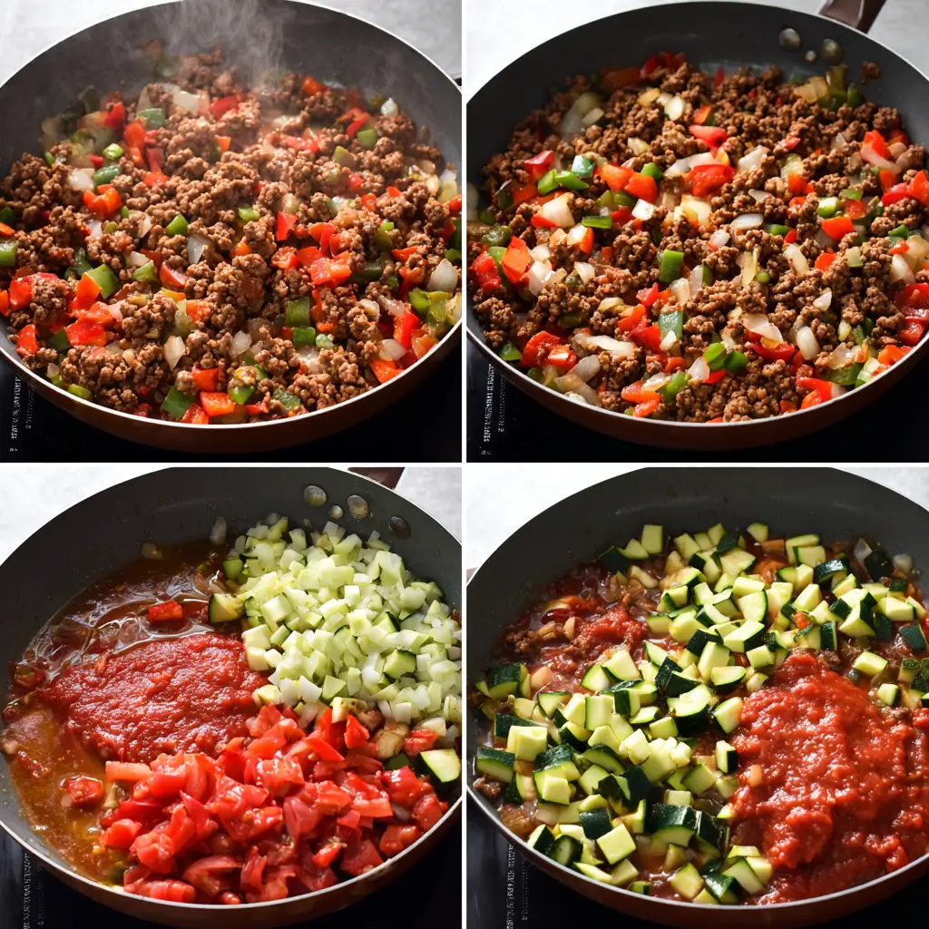 Skillet of ground beef, peppers, and tomato sauce simmering for Unstuffed Pepper Bowls