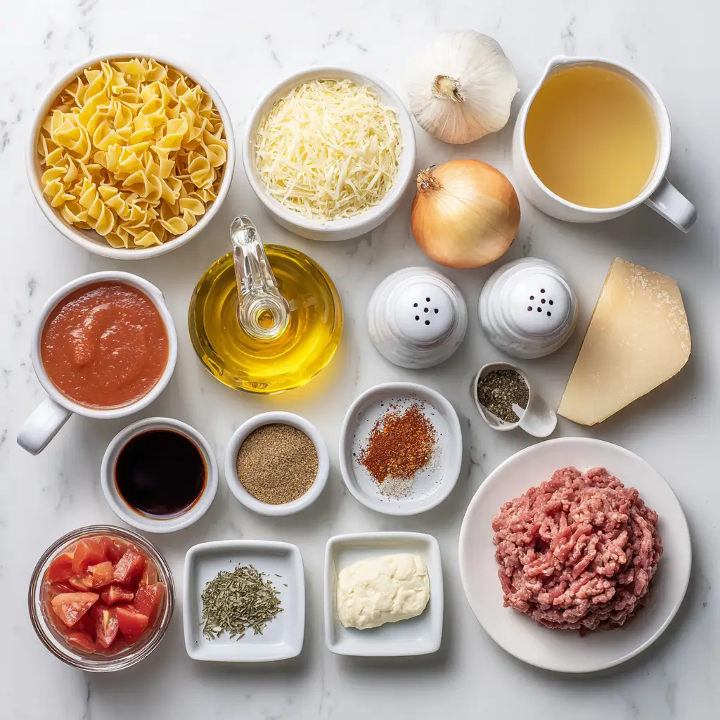 Ingredients for slow cooker lasagna soup on kitchen counter