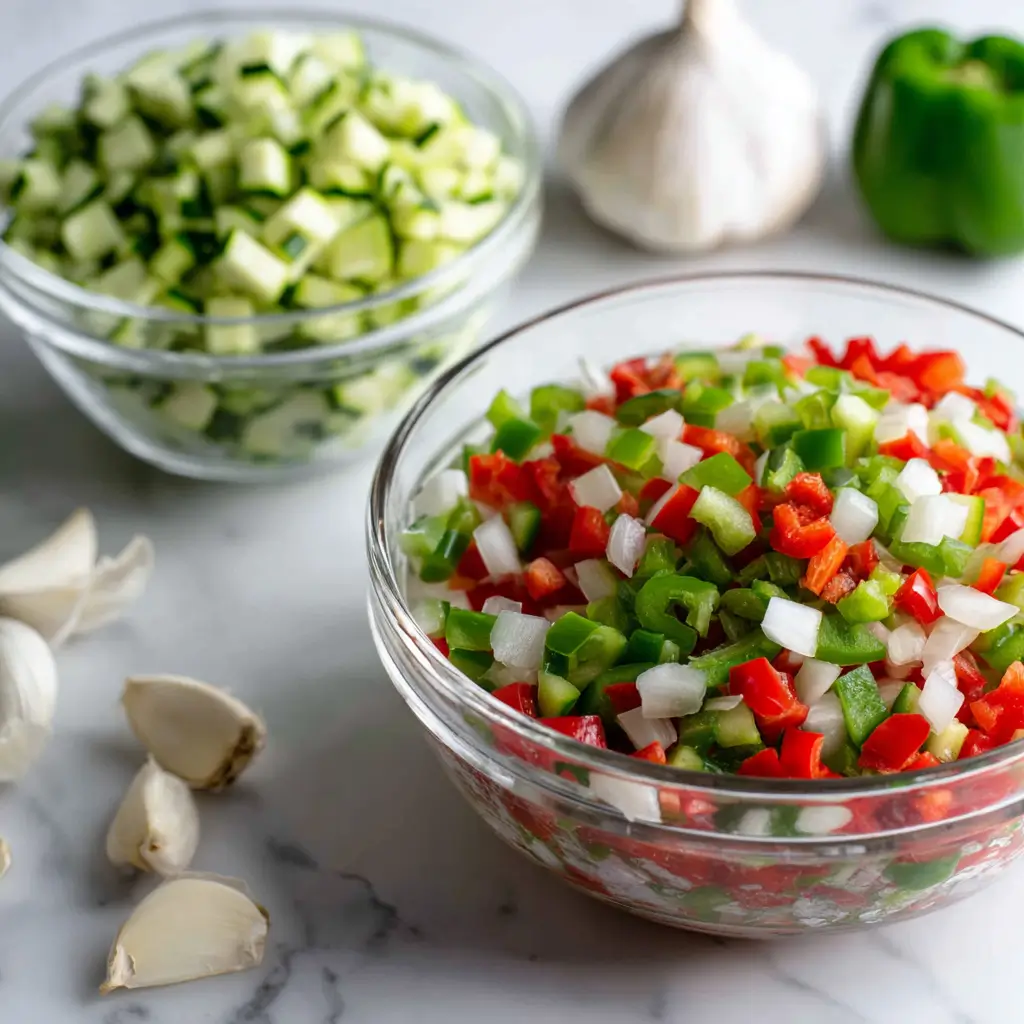 Flat lay of diced peppers, onion, garlic, rice, tomato sauce, and beef for Unstuffed Pepper Bowls