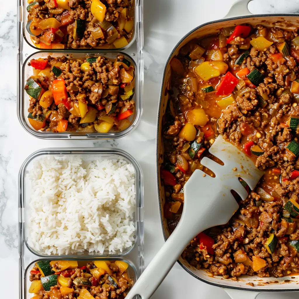 Four glass meal prep bowls filled with Unstuffed Pepper Bowls and white rice on a marble background