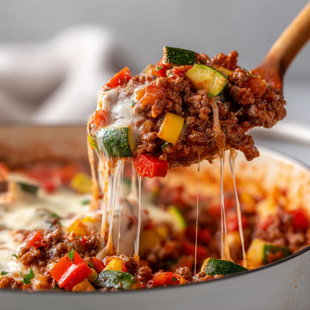 Bowl of Unstuffed Pepper Bowls topped with melted cheese and herbs on a dinner table