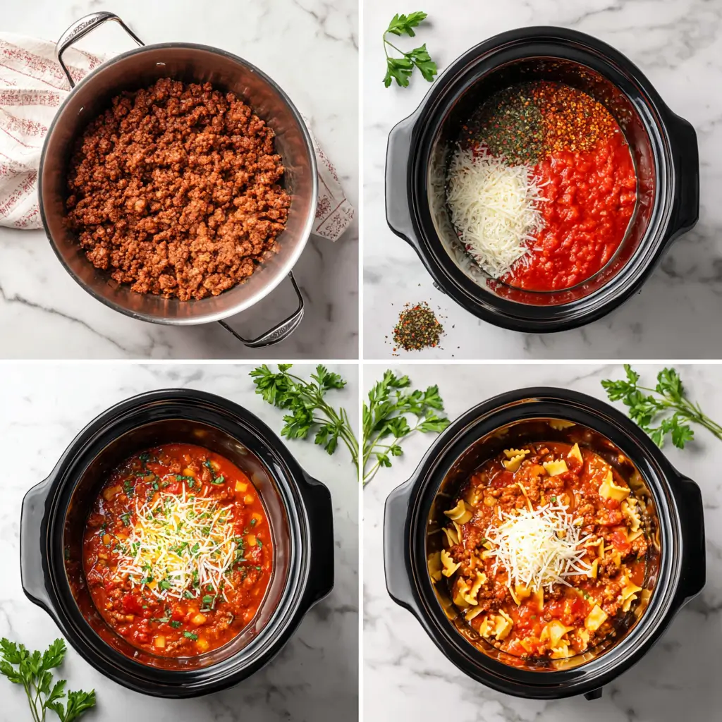 Slow cooker lasagna soup simmering with noodles and sauce