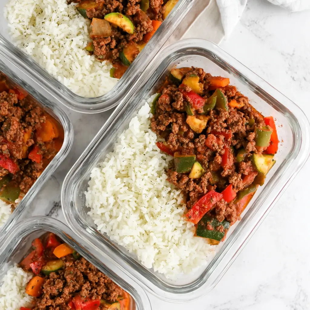 Unstuffed Pepper Bowls served in glass meal prep containers with rice and colorful peppers