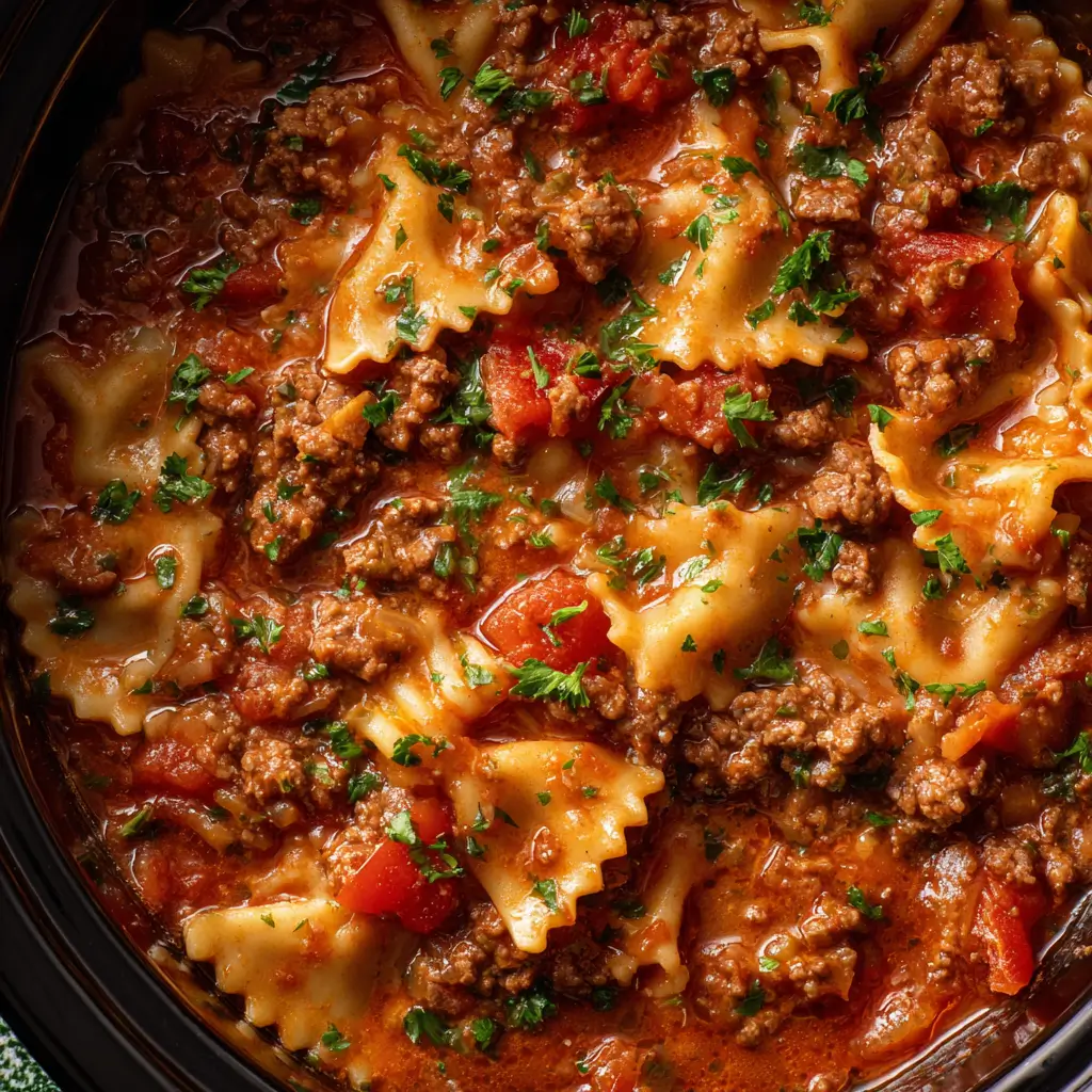 Serving slow cooker lasagna soup with melted cheese