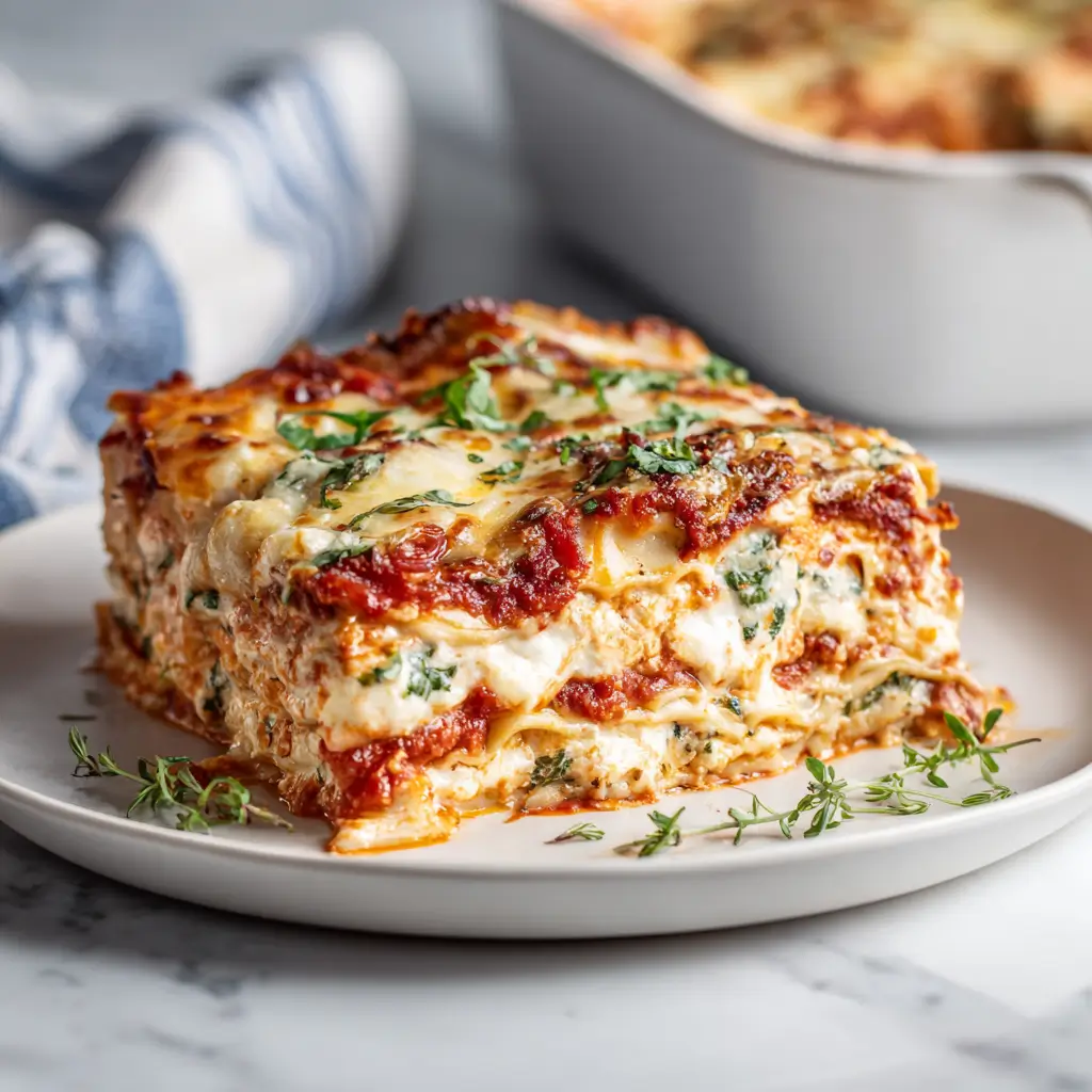 The Ultimate Guide to Vegan Lasagna a close-up serving slice of creamy plant-based lasagna with lentil marinara and melted vegan cheese.