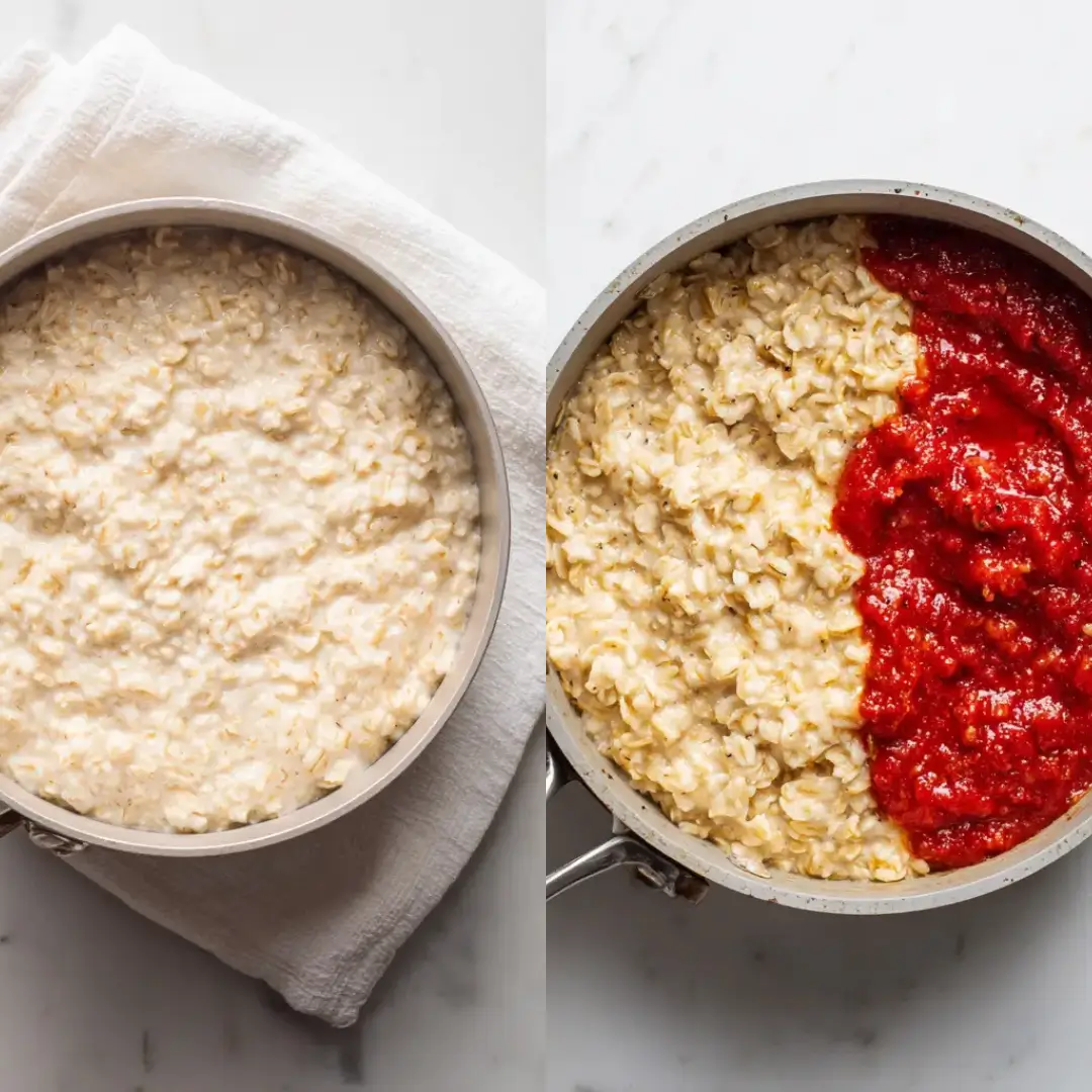 Vegan lasagna ingredients including tofu, lentils, and marinara sauce.
