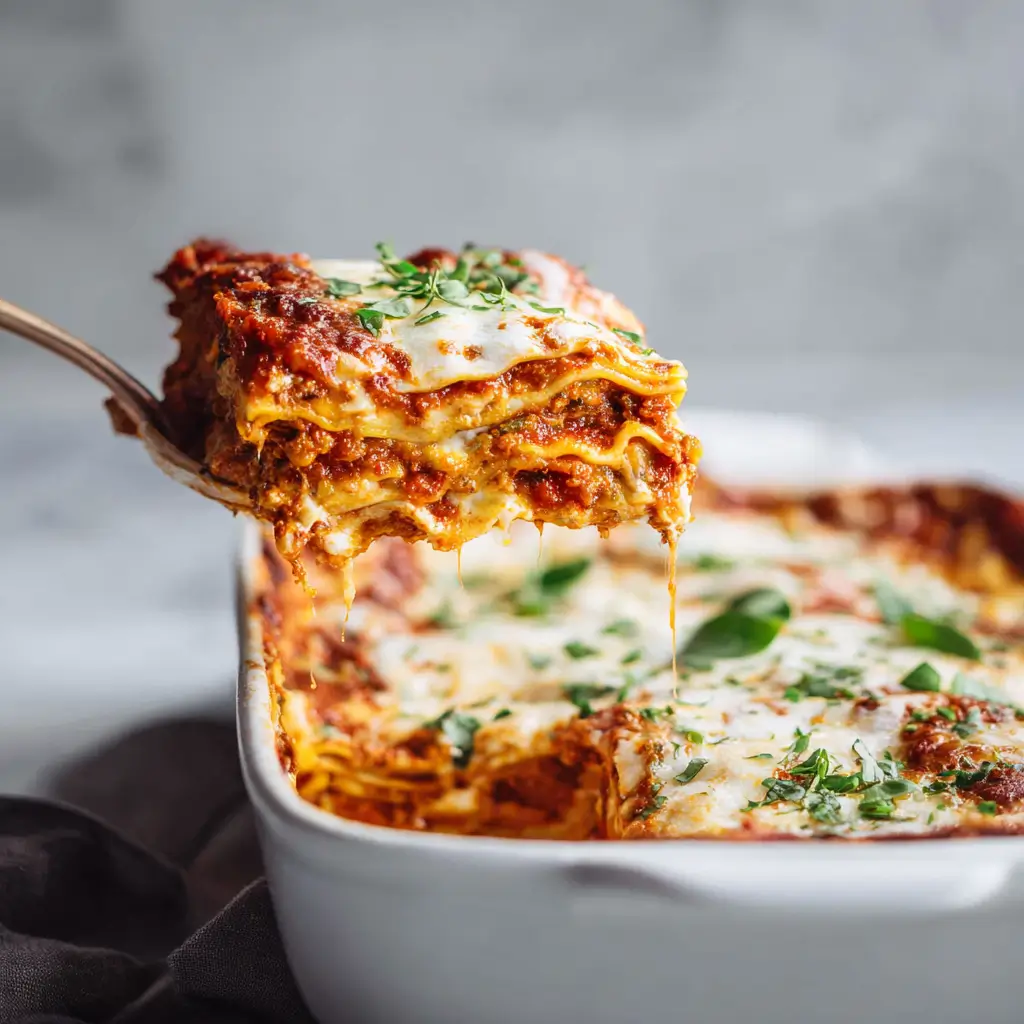 Vegan Lasagna fresh from oven with melted vegan cheese and basil.
