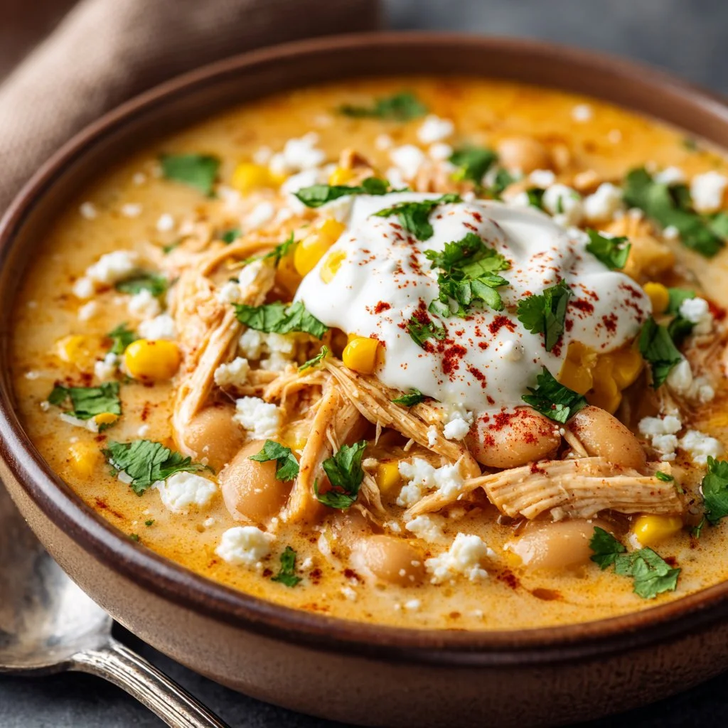 Bowl of 20 Minute White Chicken Chili topped with cilantro and lime.