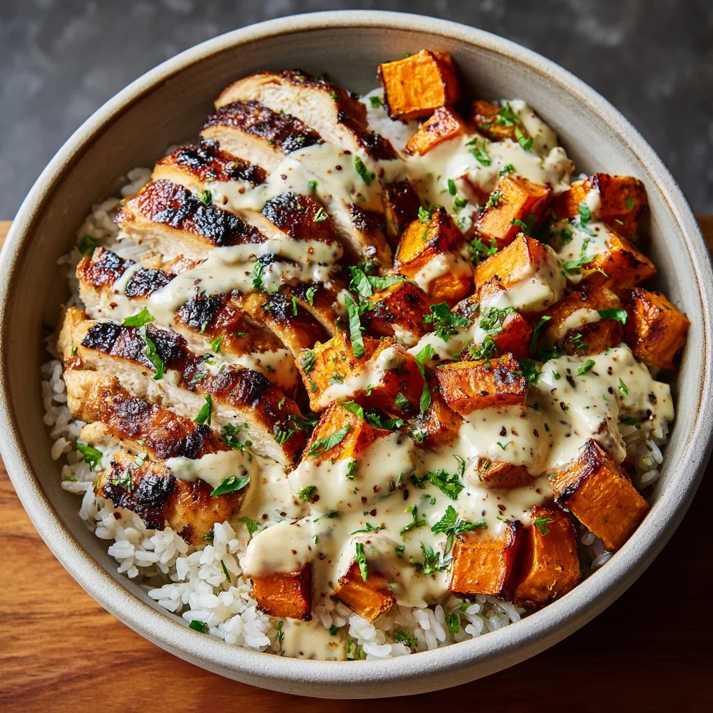 Delicious chicken and sweet potato rice bowl ready to serve, healthy meal option.
