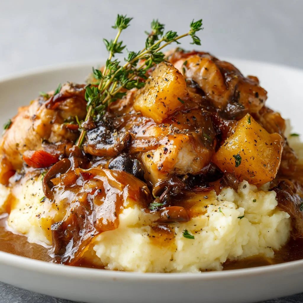 Delicious crockpot chicken stew served with fresh herbs and vegetables.