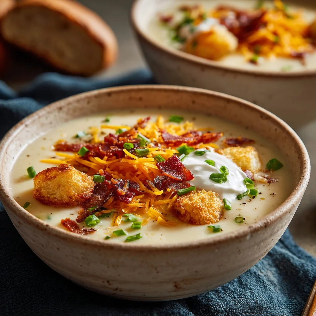Bowl of crack potato soup garnished with green onions and bacon bits