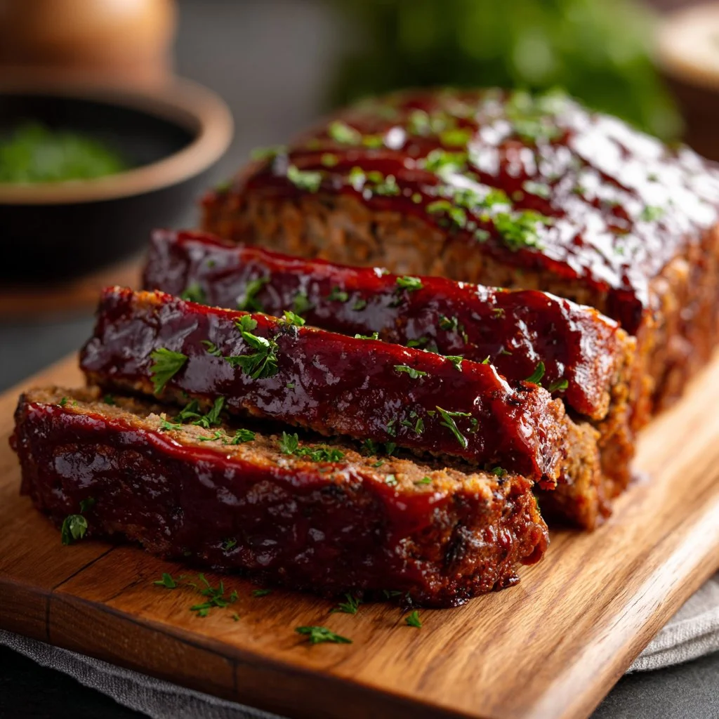 Delicious homemade meatloaf served with mashed potatoes and green beans