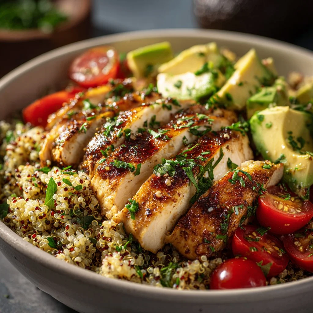 Healthy Avocado Chicken Quinoa Bowl topped with fresh ingredients