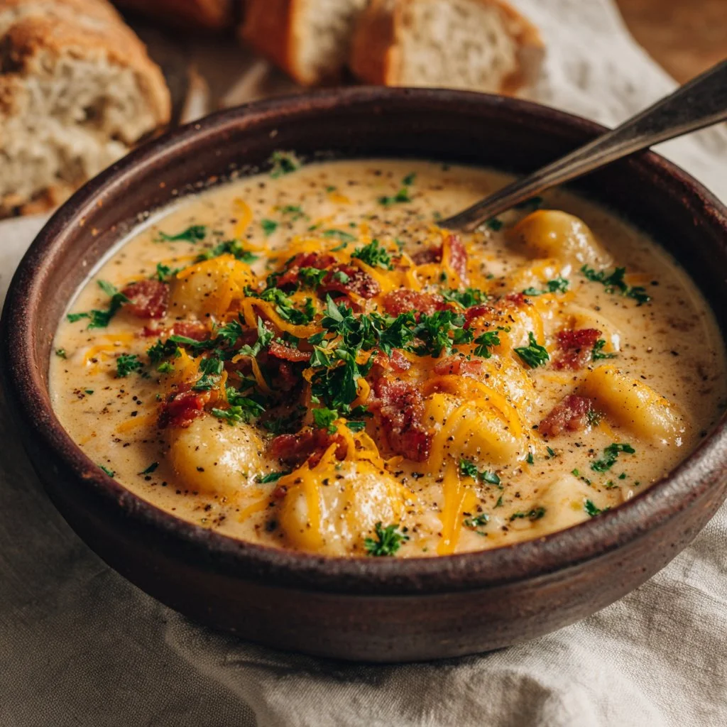 Bacon Cheddar Gnocchi Soup in a warm bowl with toppings