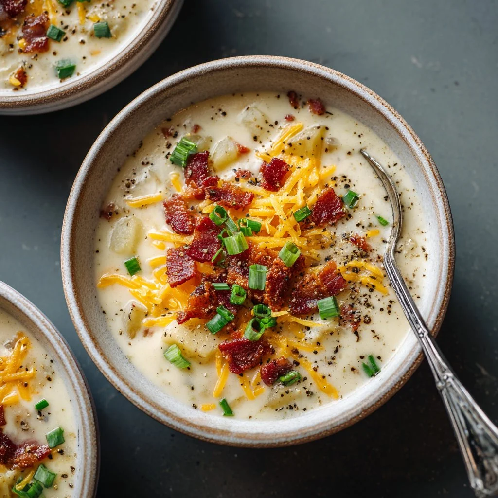 Bacon-Lovers Loaded Potato Soup garnished with crispy bacon and chives