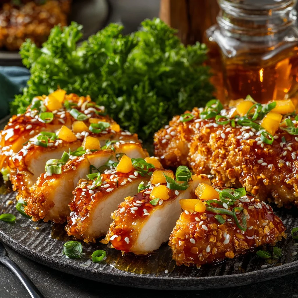 Baked Crunchy Hot Honey Chicken garnished and ready to serve