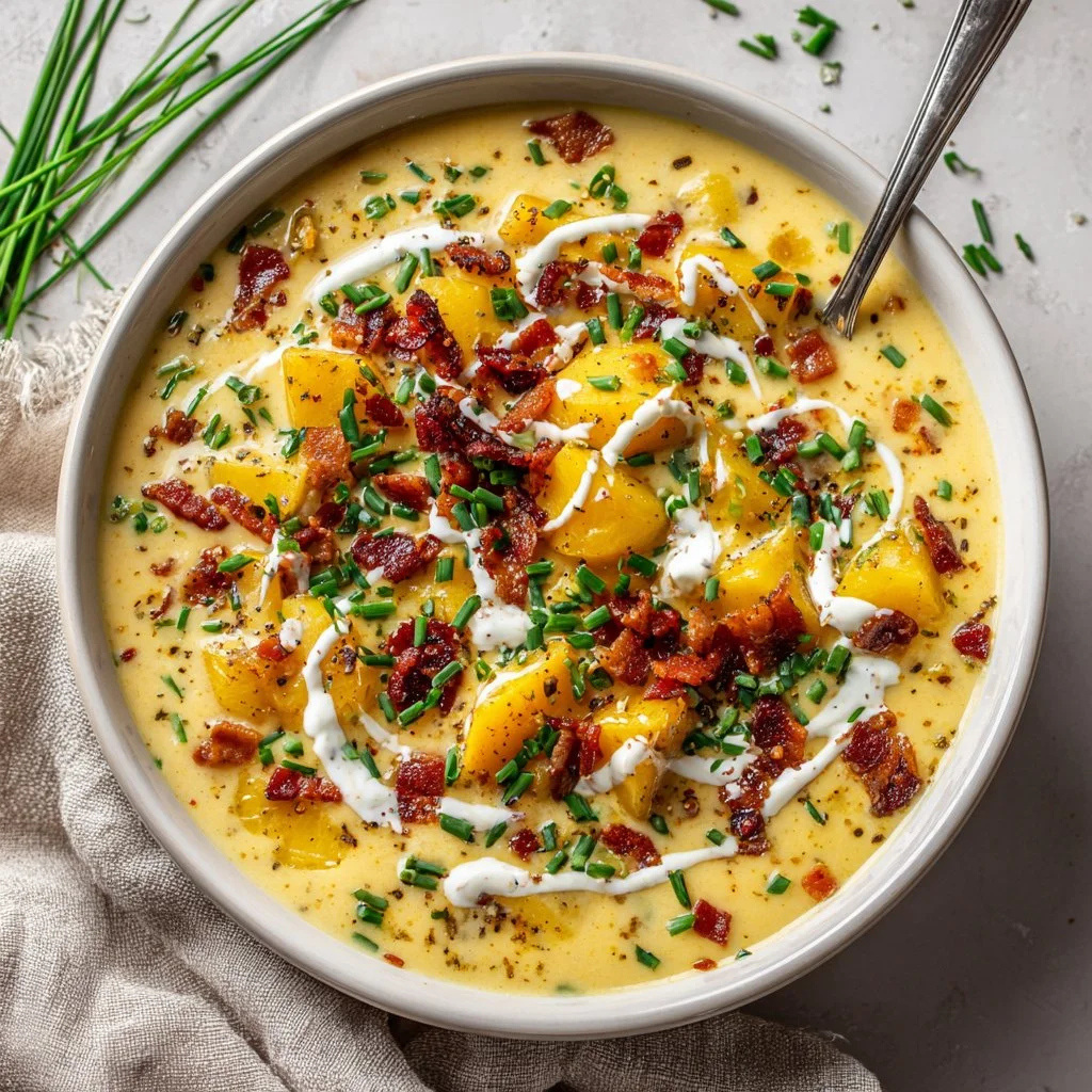 Baked Loaded Potato Soup topped with cheese and chives in a bowl
