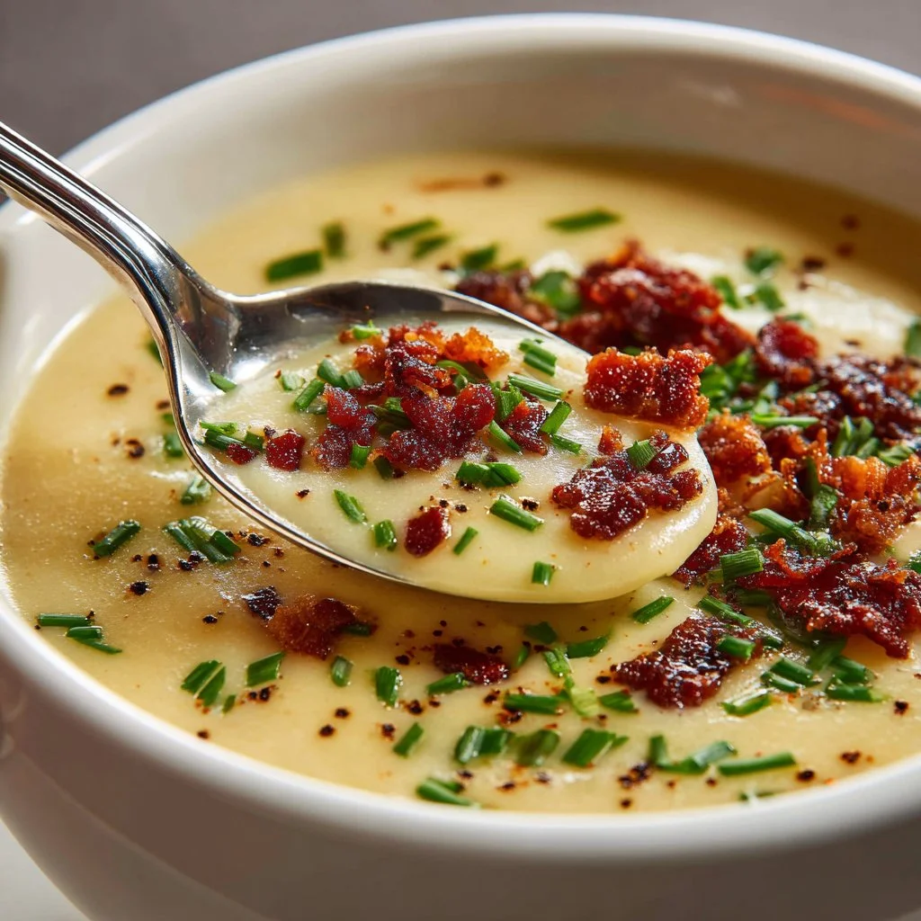 Bowl of creamy baked potato soup garnished with chives and bacon bits