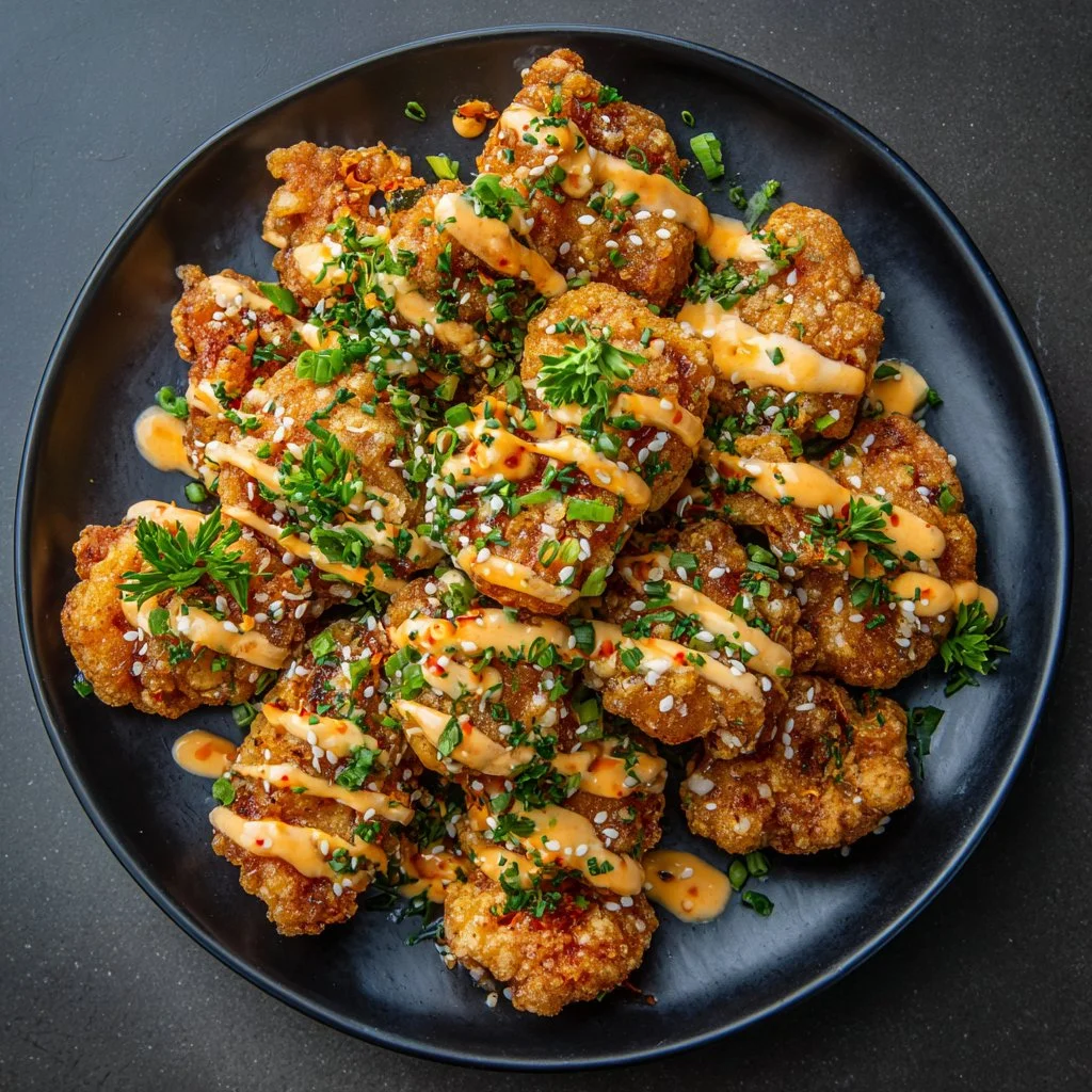 Plate of flavorful Bang Bang Chicken garnished with green onions and sesame seeds