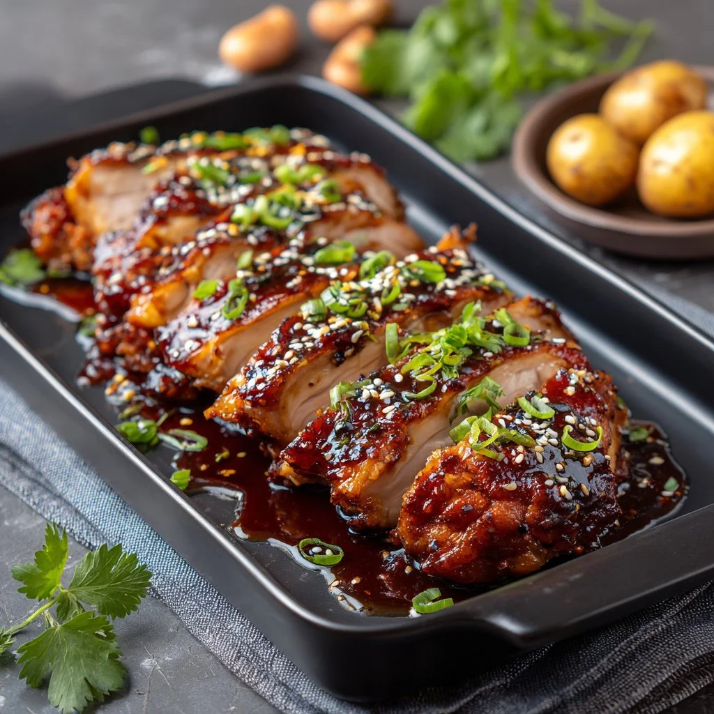 Delicious barbecued pork chicken served on a platter with sides.