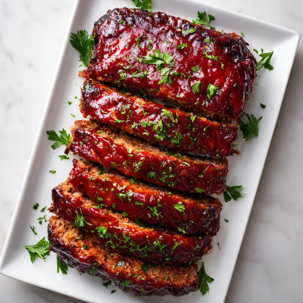 BBQ meatloaf served with a side of mashed potatoes and green beans