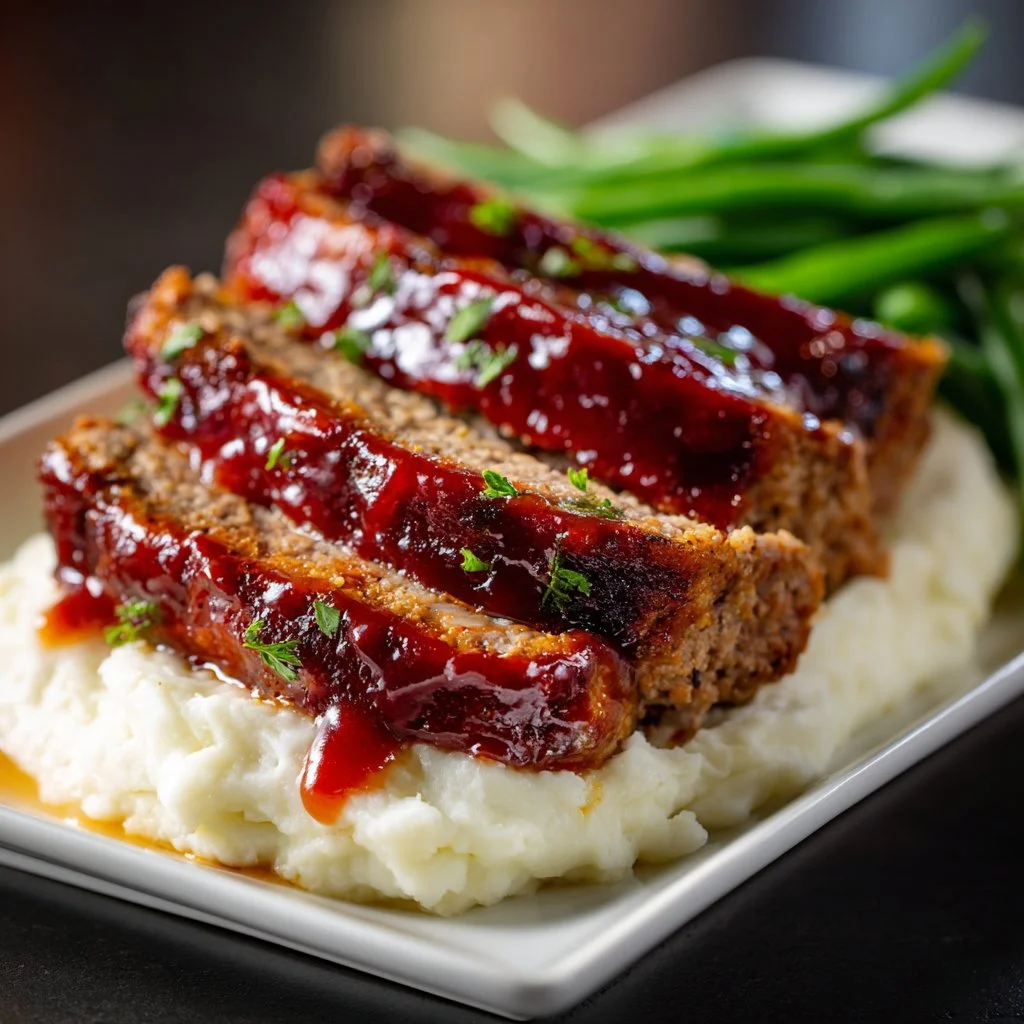 Deliciously baked Beef Meatloaf served with veggies on a dinner plate.