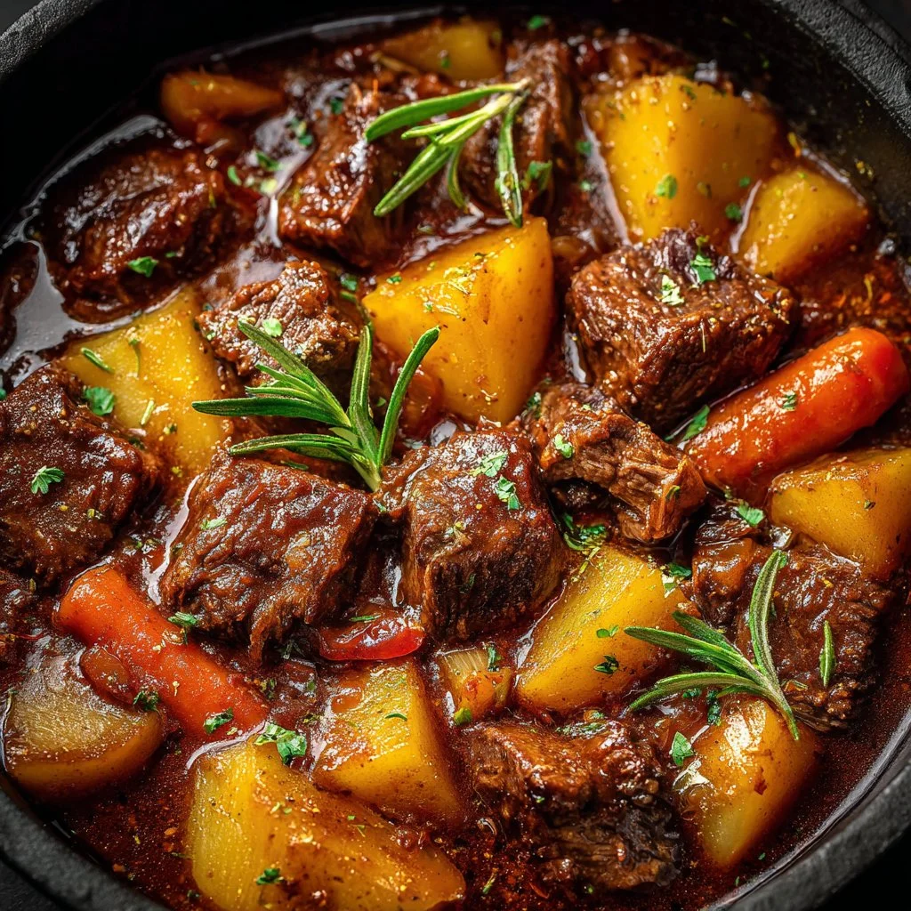 Delicious crock pot beef stew served in a rustic bowl with fresh herbs