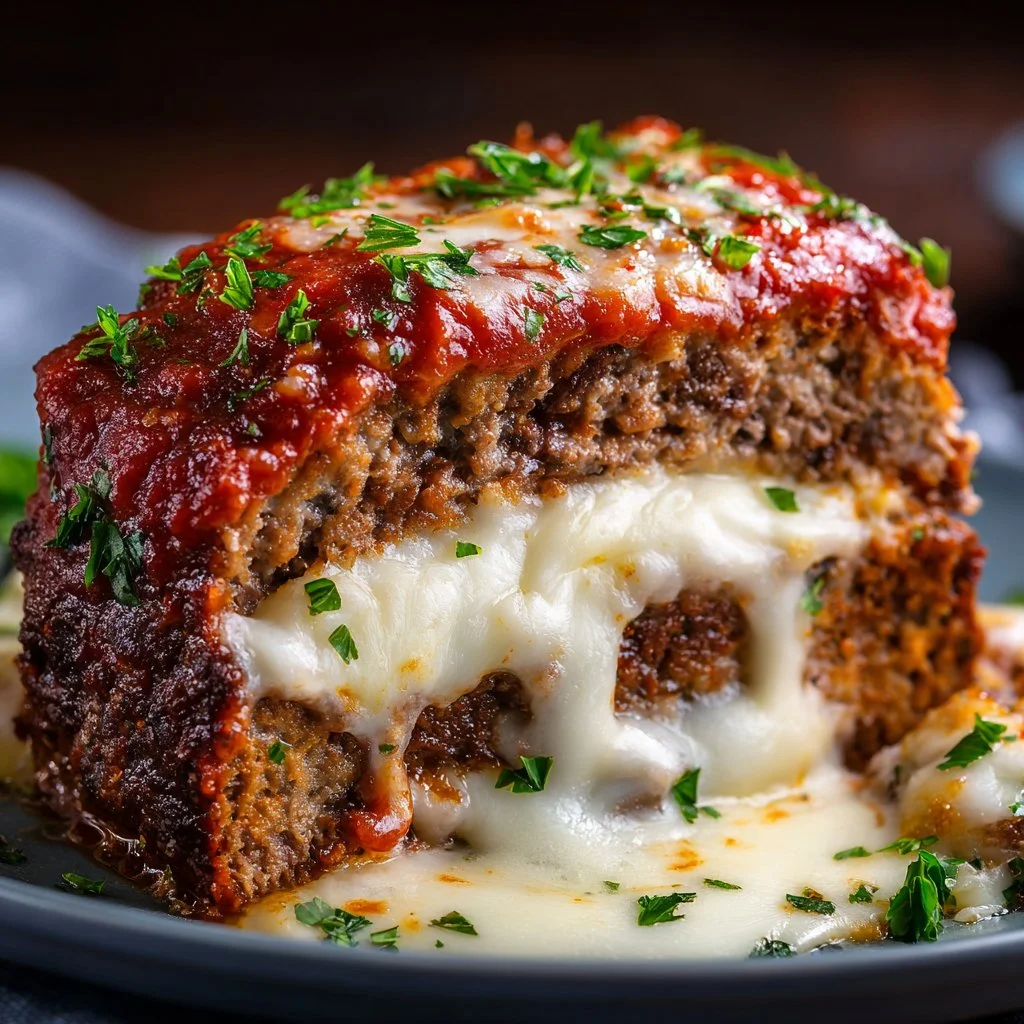 Delicious stuffed Italian meatloaf served with garnish on a plate