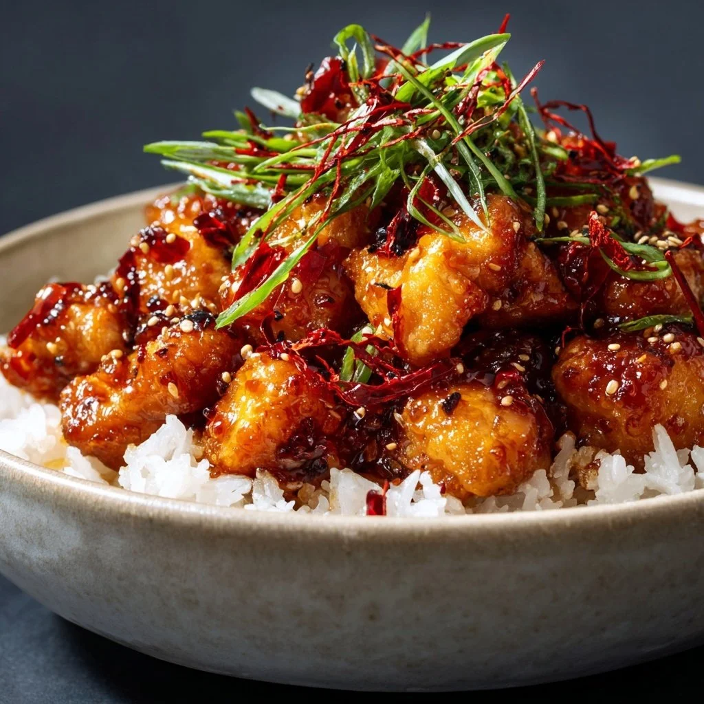 Plate of sweet chili chicken garnished with herbs, showcasing sticky texture and vibrant colors.