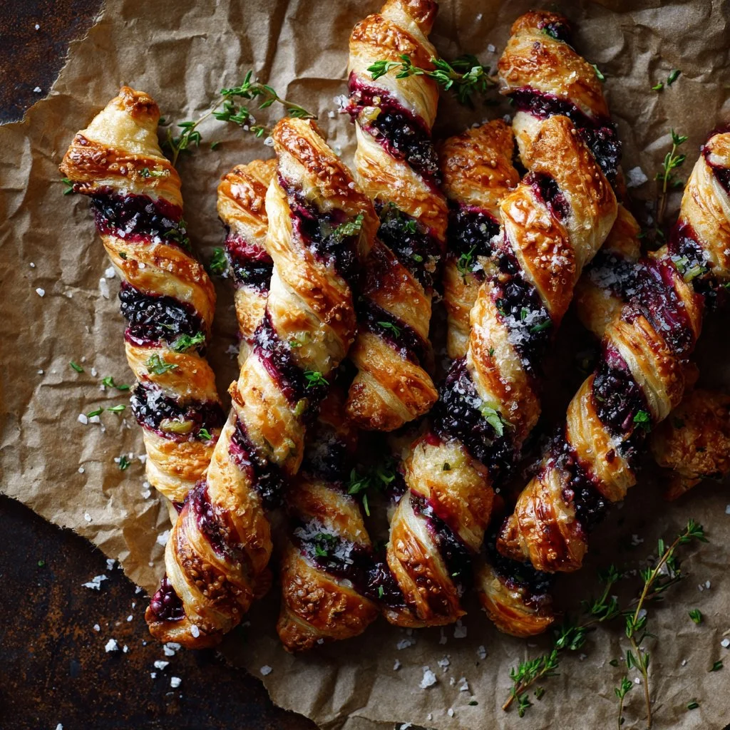 Delicious blackberry goat cheese puff pastry twists on a serving plate