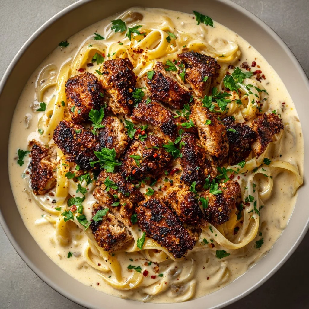 Creamy Cajun Chicken Alfredo with blackened seasoning served in a bowl