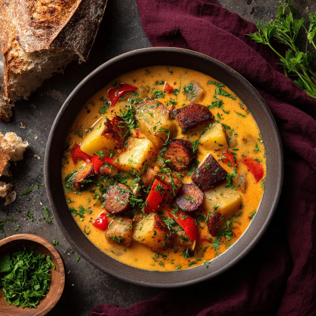 Bowl of bold and spicy Cajun Potato Soup topped with green onions and spices