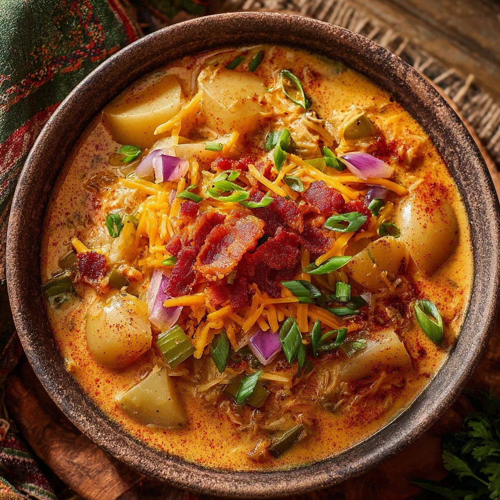 Bowl of bold and spicy Cajun potato soup topped with green onions.
