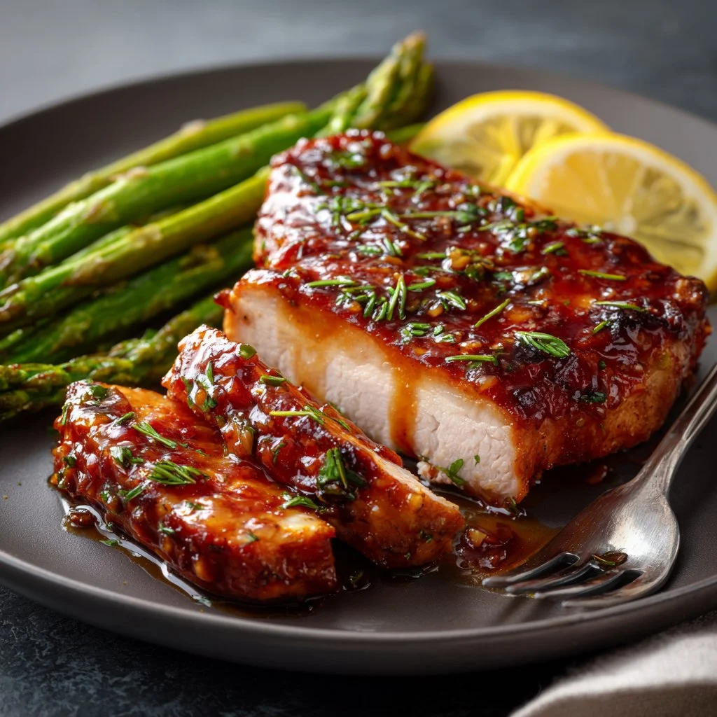 A succulent plate of boneless pork chops garnished with herbs and spices.