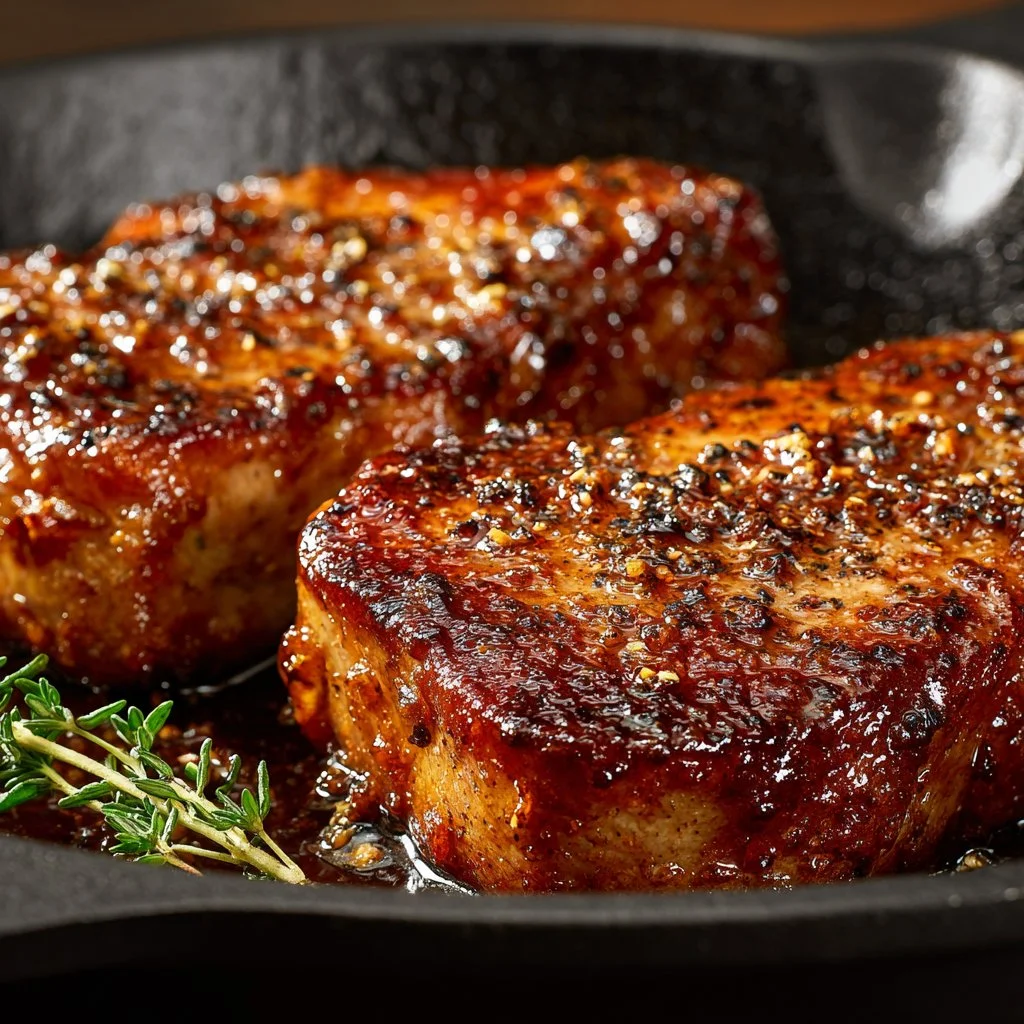 Delicious brown sugar garlic pork chops on a white plate