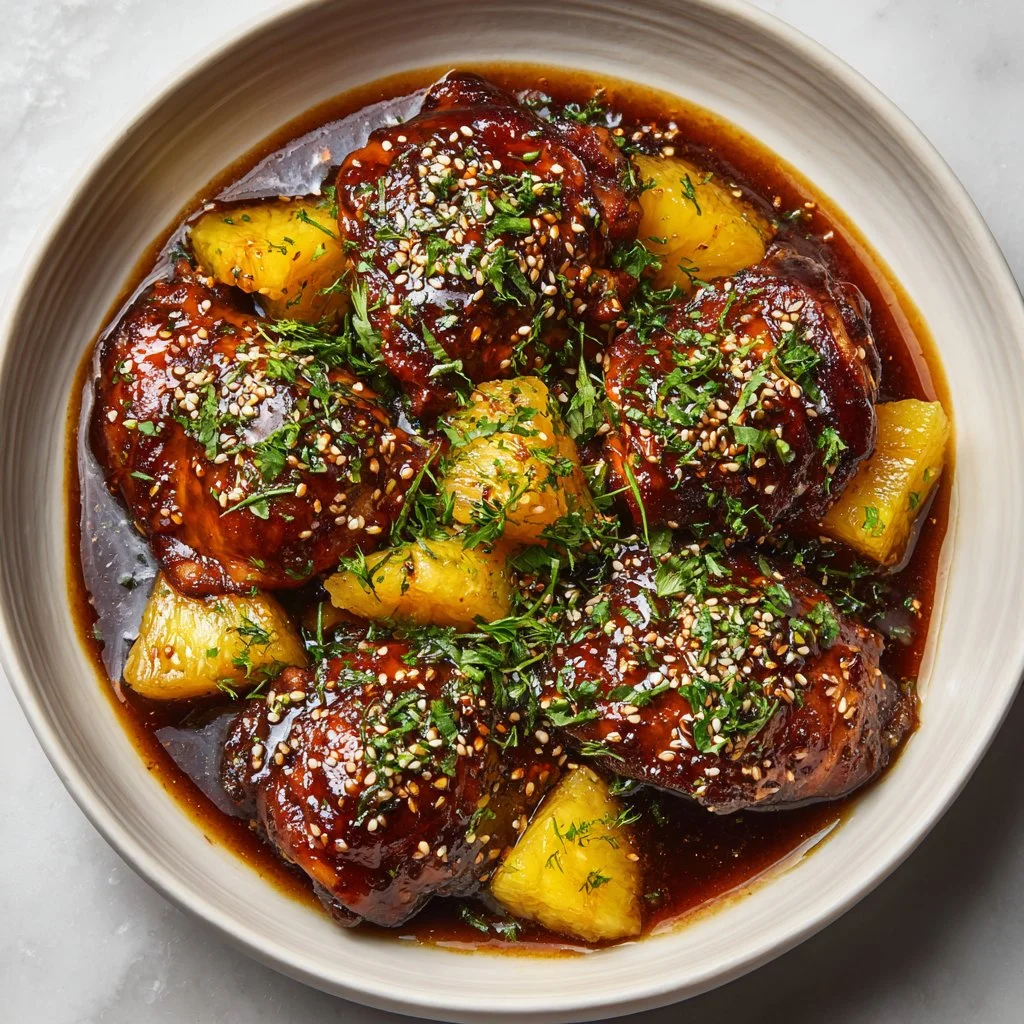 Plate of brown sugar pineapple chicken topped with green onions and served with rice