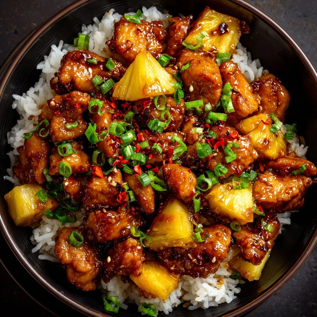 Delicious brown sugar pineapple chicken served on a plate with vibrant garnishes
