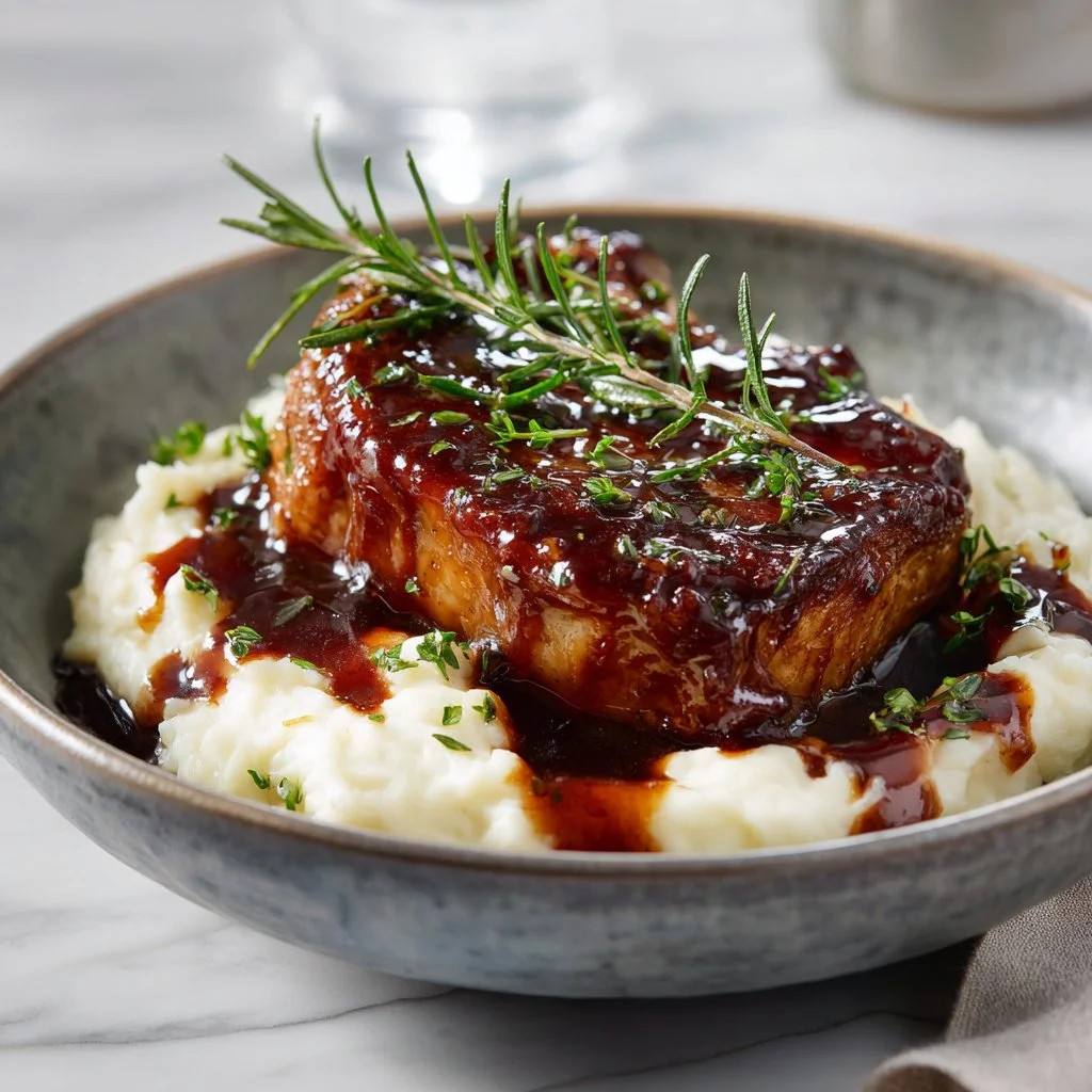 Juicy brown sugar pork chops on a plate with garnish and sauce.