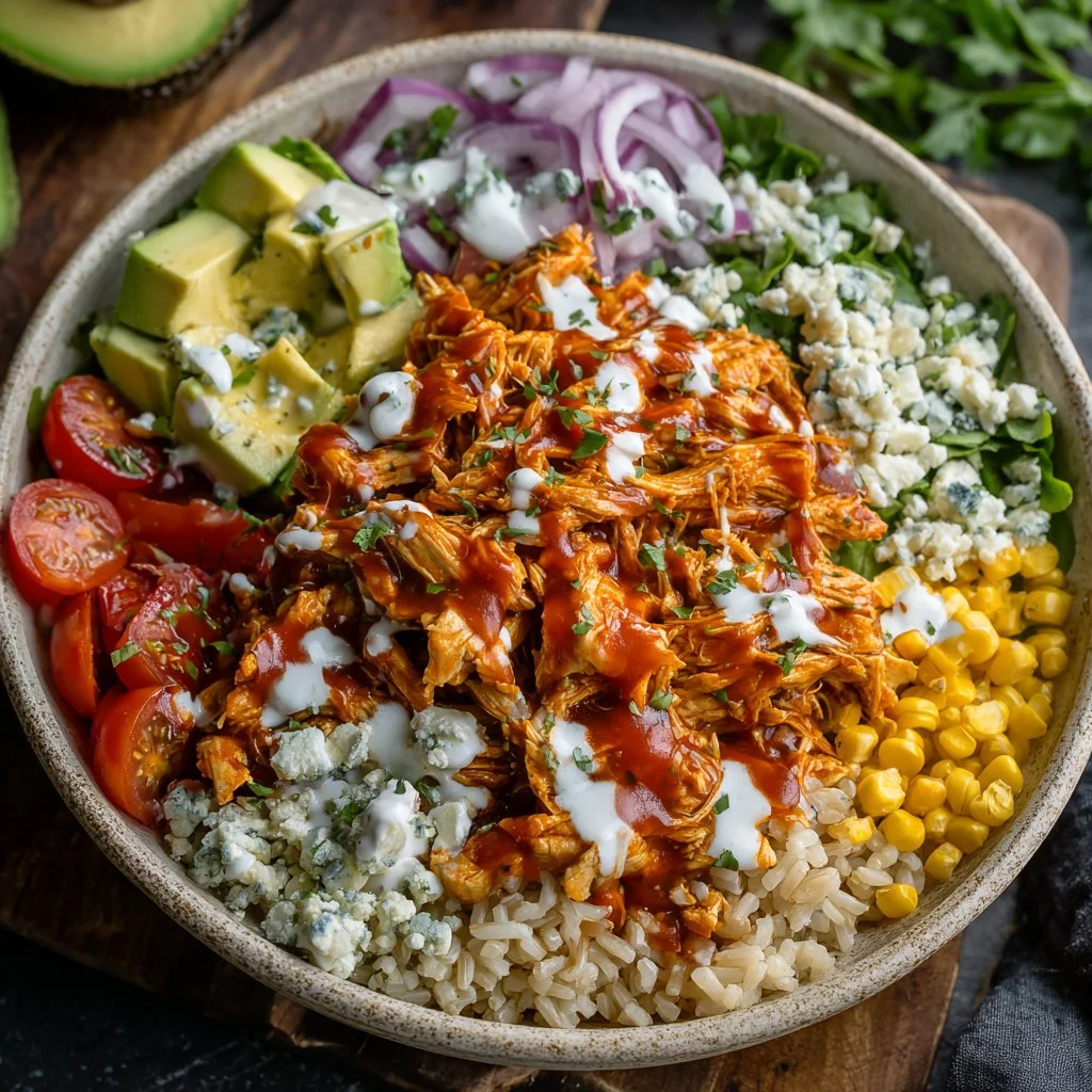 Delicious buffalo chicken bowls topped with fresh ingredients