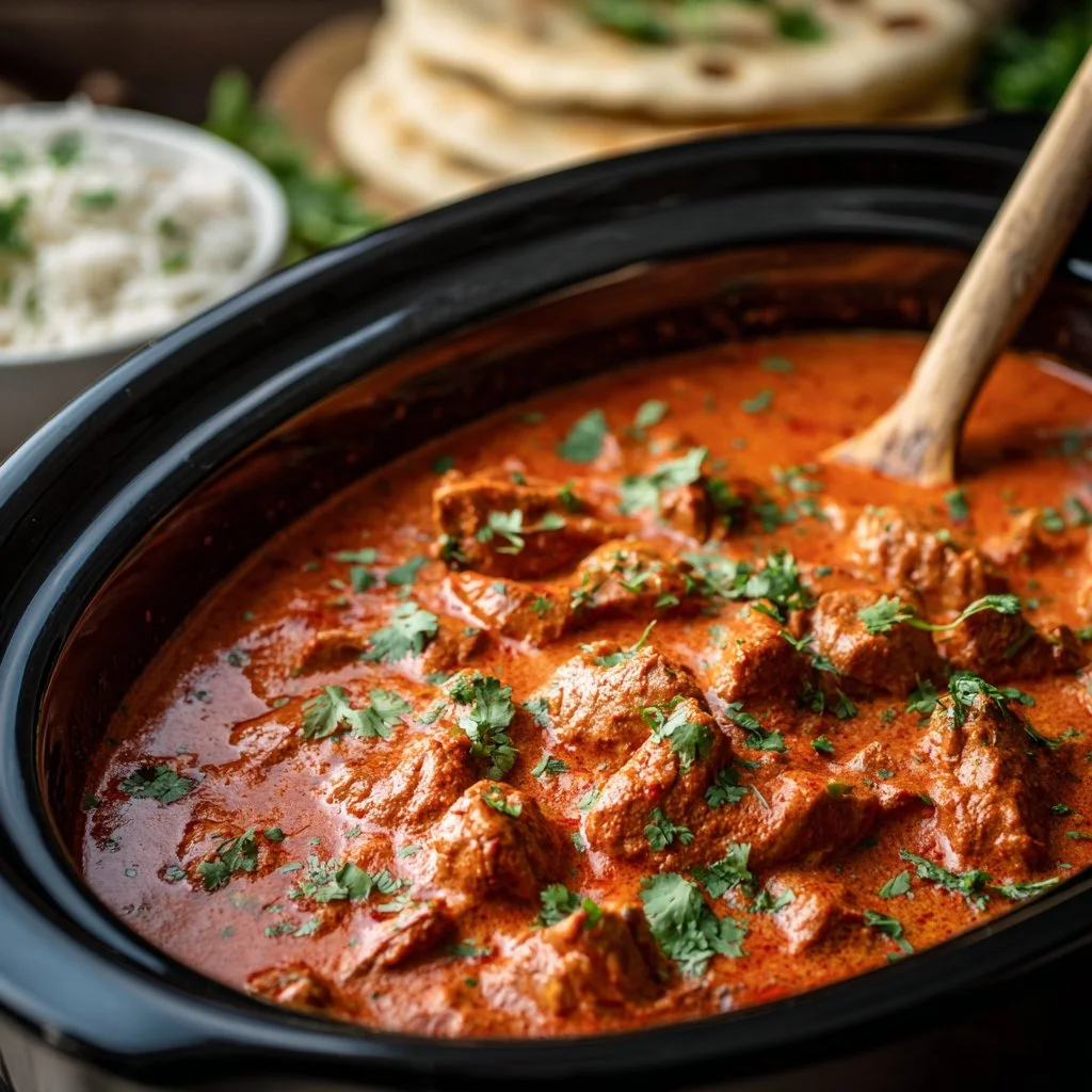 Creamy buttered chicken cooked in a crockpot, served with rice and garnished with herbs.