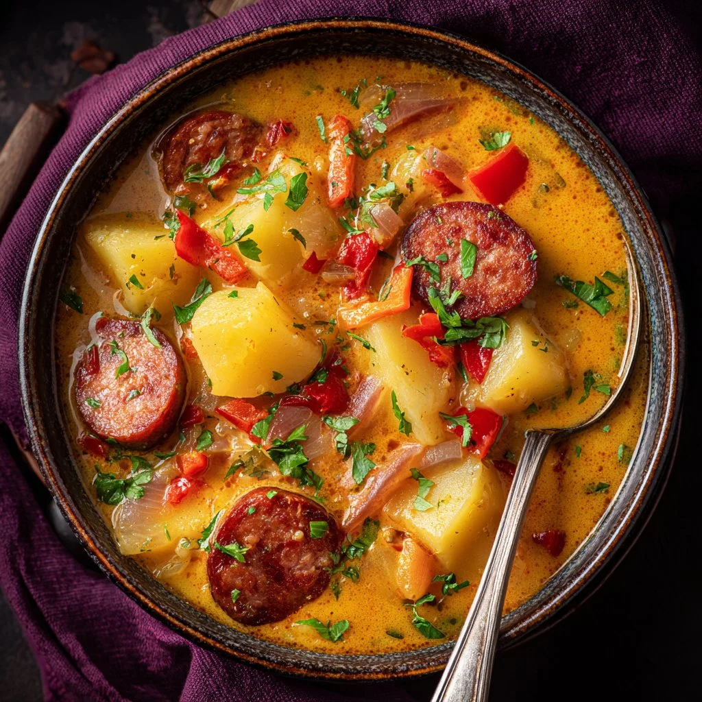 Bowl of creamy Cajun Potato Soup garnished with herbs and spices