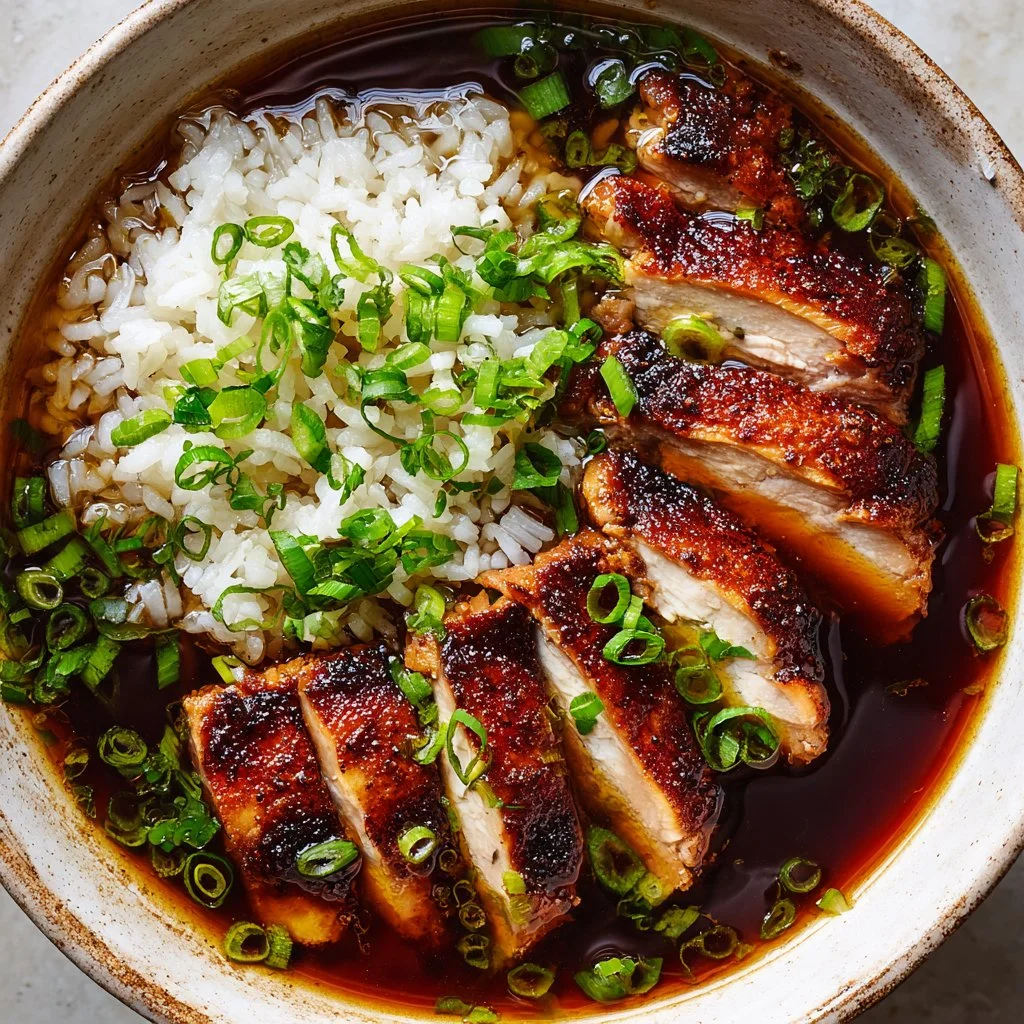 Delicious caramelised soy chicken served in garlic ginger broth with rice