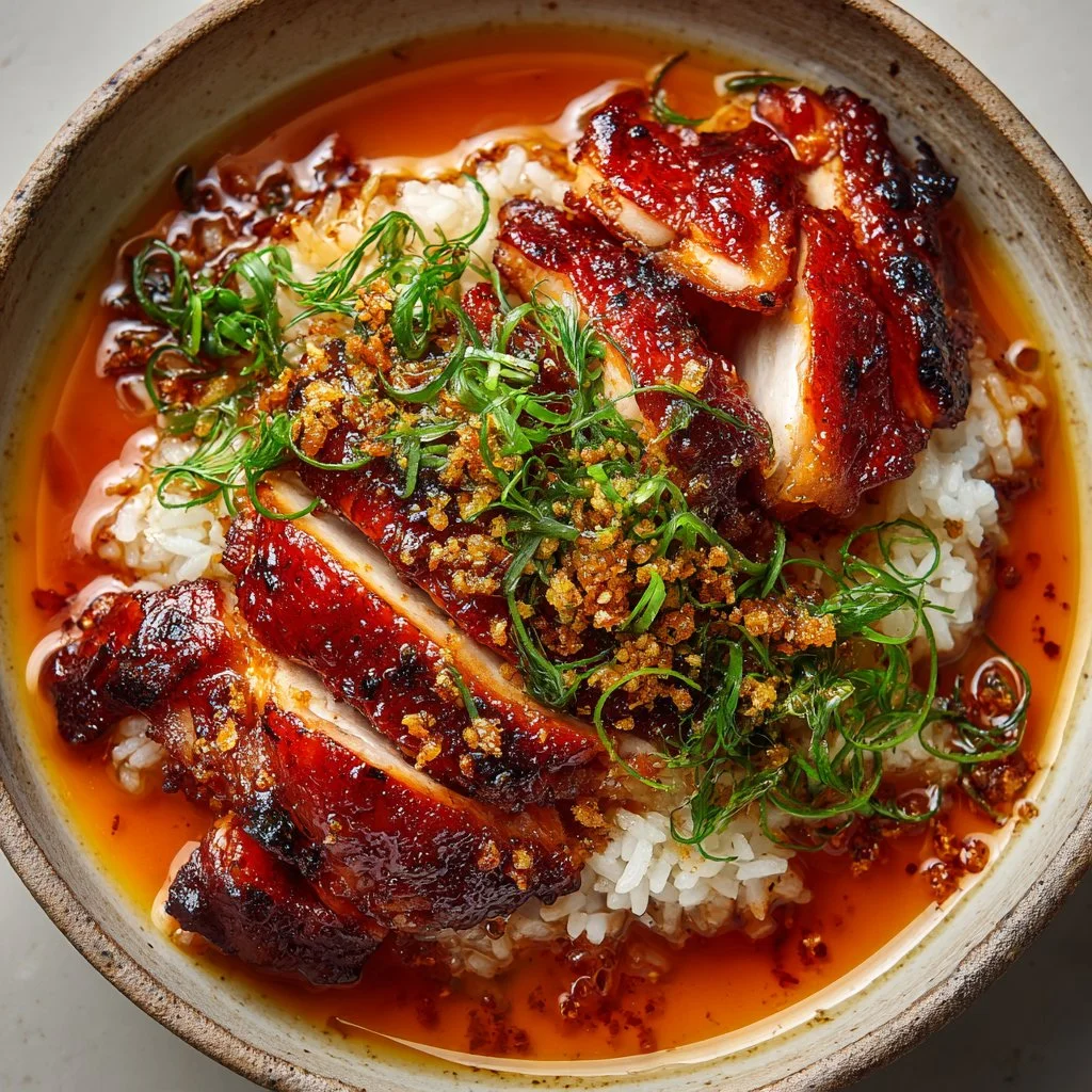 Caramelized soy chicken in garlic ginger broth with rice, a comforting dish