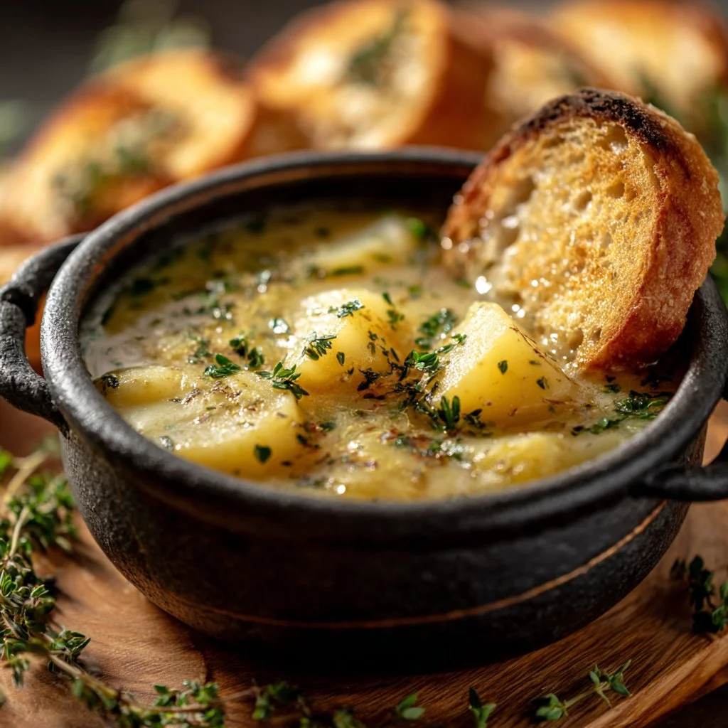 Bowl of Cheddar Garlic Herb Potato Soup topped with herbs and cheese.