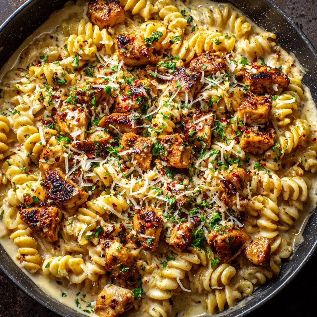Cheesy Cajun Garlic Chicken Rotini Skillet served in a skillet