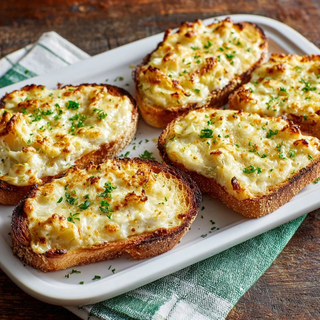 Delicious cheesy crabmeat canapes served on a platter.