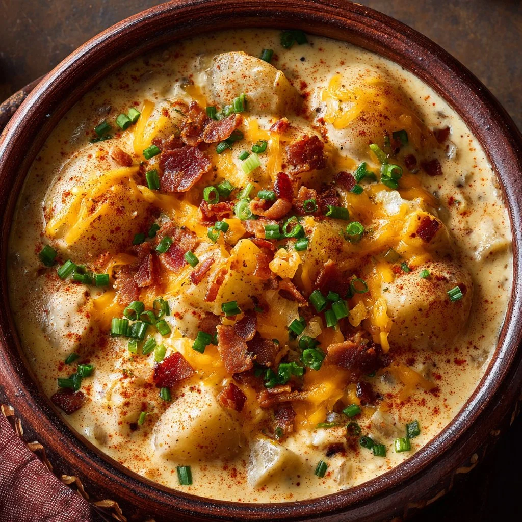 Bowl of cheesy loaded baked potato soup topped with green onions and bacon.